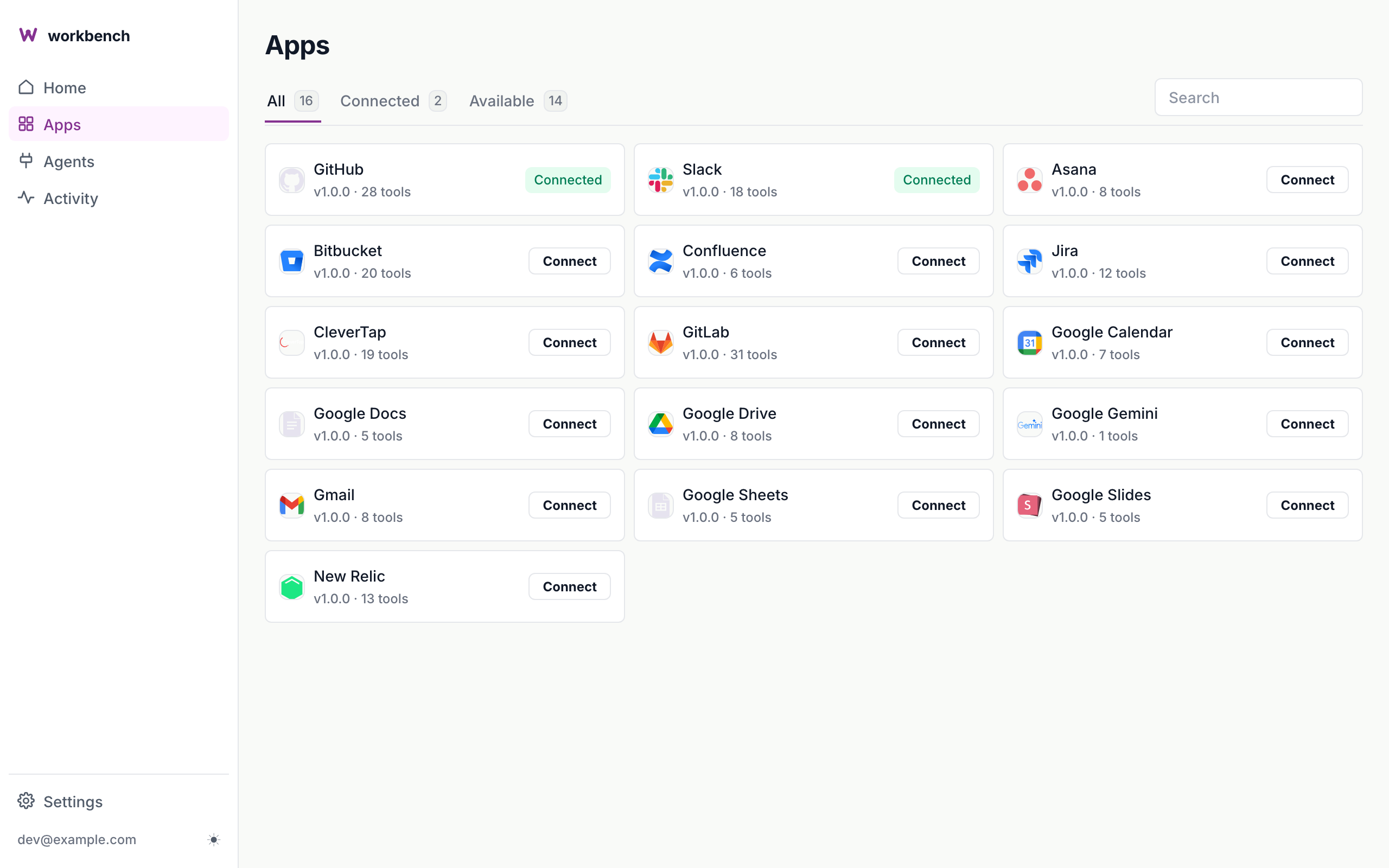 The Apps page listing every integration with its tool count