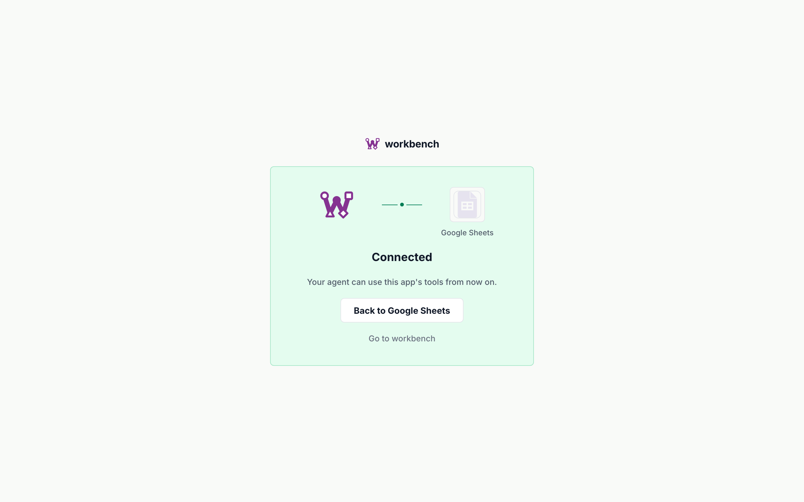 Google Sheets connected — the success card with a link back to the dashboard